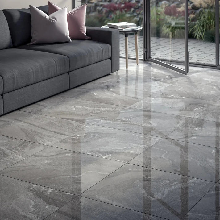 Mist 3D Dark Grey Anthracite Fog Polished Porcelain Tiles 60cmx60cm